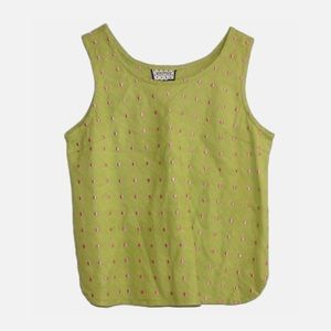 VTG 100% Linen Cottagecore Green & Pink Polka Dot Sleeveless Tank Top Women's M